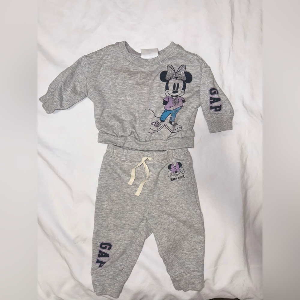 BUNDLE GAP Kids Gray Minnie Mouse Sweatshirt(Sz 3-6, Pants Set 6-12)